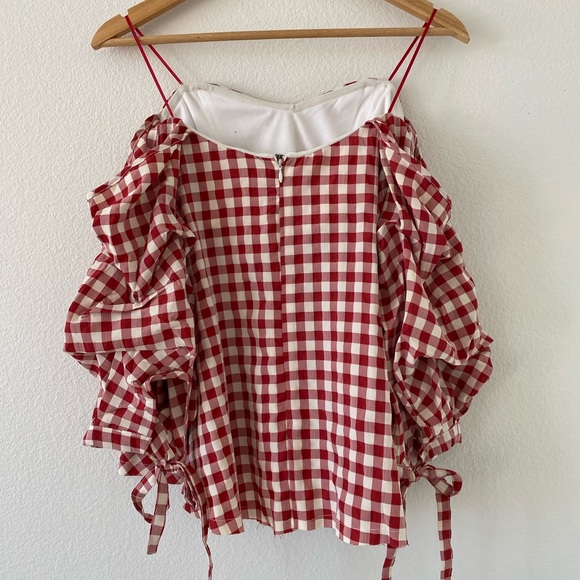 Miou Muse Red Gingham Off-the-Shoulder, Ruffled Sleeved Top - Picture 3 of 6